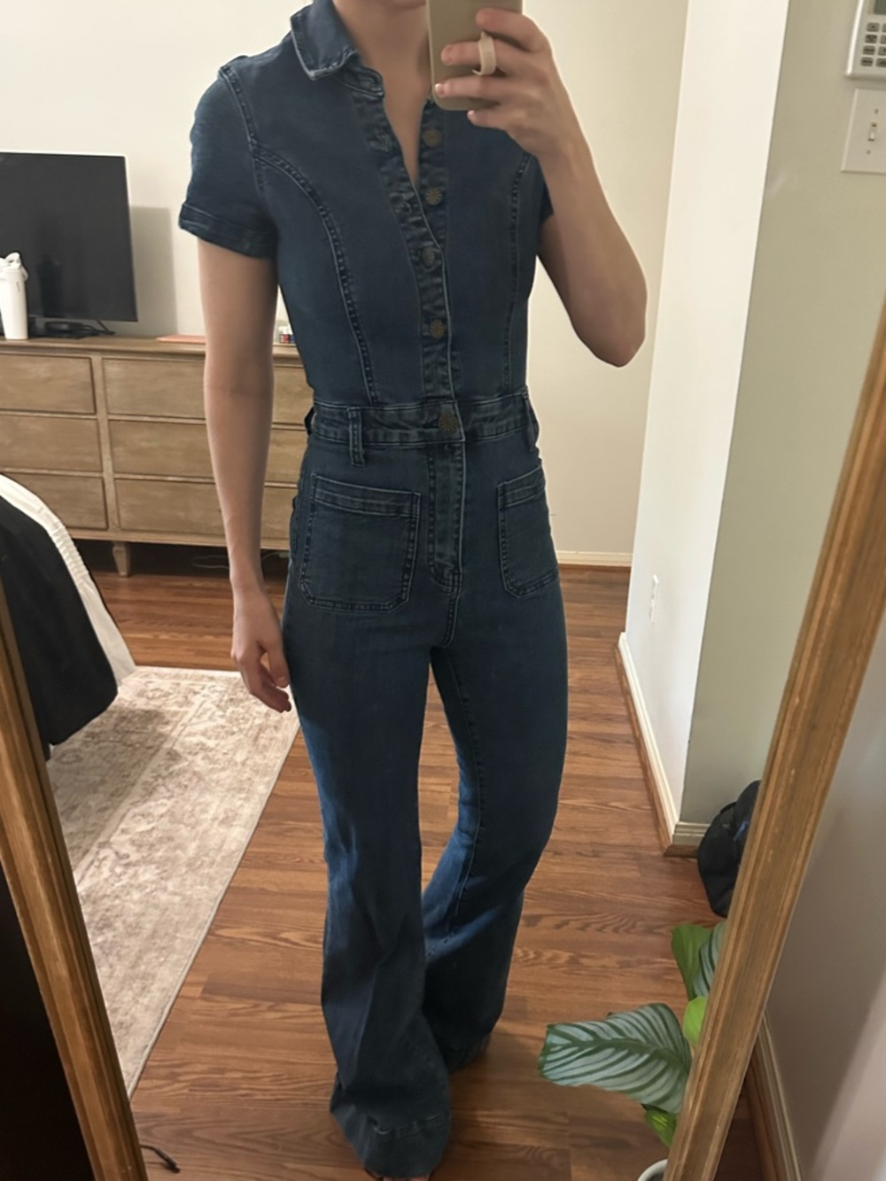 Everhart Show Me Your MuMu Dark Blue Denim Jumpsuit with Flared Legs - Picture 2 of 4